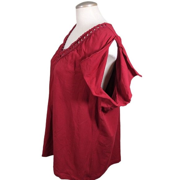 Womens Plus Size Tee T Shirt Top 26 28 3X Red Split Sleeve Gem Ladder Lace Neck - Picture 3 of 5